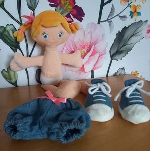Trudi Plush baby doll blonde pig tales  blue eyes pale with sneakers & shorts